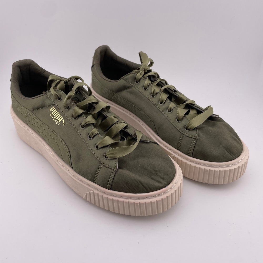 Puma Basket Platform Olive Green Satin‎ Ribbon Lace Up Sneakers Womens Size 6